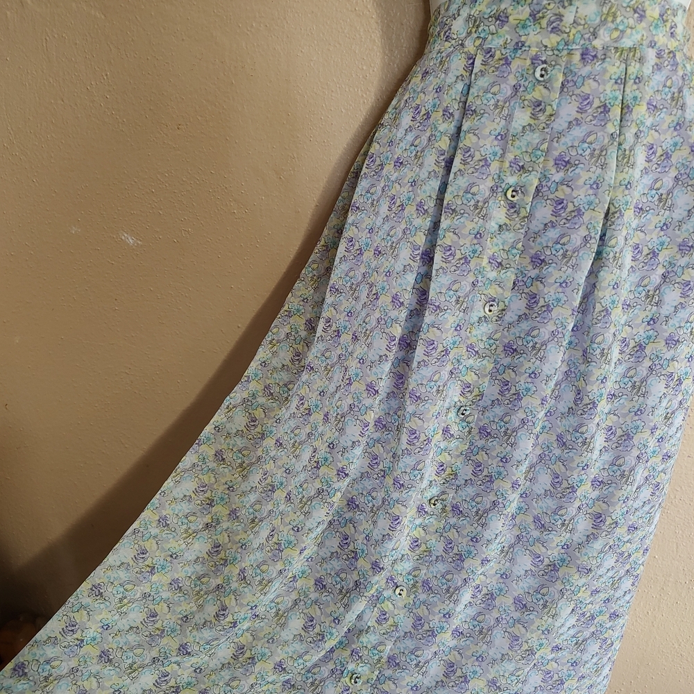 Delicate Pleated Decorative Buttons Floral Print Skirt SZ XL Romy